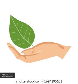 Signo ecológico, mano y hoja. Ilustración vectorial.