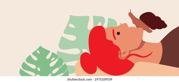 Eco-friendly skin care, Achatina snail. Flat vector stock illustration. Mucin in clam mucus. Natural cosmetology. Woman face with mollusk. Nature for healthy skin. Copy space template