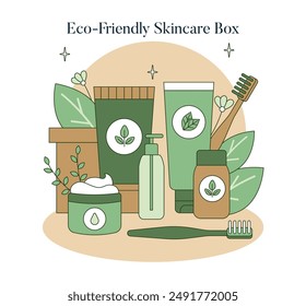 Concepto de caja de cuidado de la piel respetuosa del medio ambiente. Una colección de productos y herramientas de belleza sostenible que fomenta el cuidado de sí mismo ecológico. Aspecto esencial para el aseo consciente de la Tierra. Ilustración vectorial.