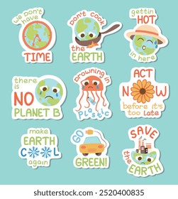 Eco-friendly sticker pack. Protecting and saving planet concept set. Green sustainable environment, ecology, nature, ecosystem. Zero-waste lifestyle, green energy, save planet Earth