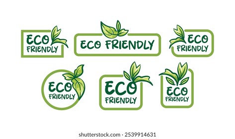 Eco-friendly sticker set. Vector illustration in sketch style. Green leaves of plants. Ecological local food. Organic natural products labels.