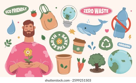 Eco-friendly stickers collection. Elements for Earth or World Environment Day in flat hand drawn style. Zero waste, recycle, save Earth, less plastic concepts.