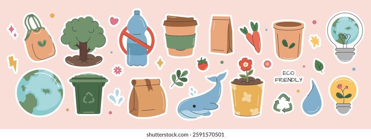 Eco-friendly stickers for Earth or World Environment Day. Vector collection in retro doodle style. Zero waste, recycle, save Earth, less plastic concepts.