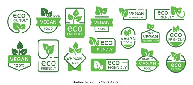 Eco-friendly stickers. Green leaf labels. Ecologic patch, organic stamps, environmental tag. Natural food products badges. Vegan food packaging. Green plant lifestyle vector set.