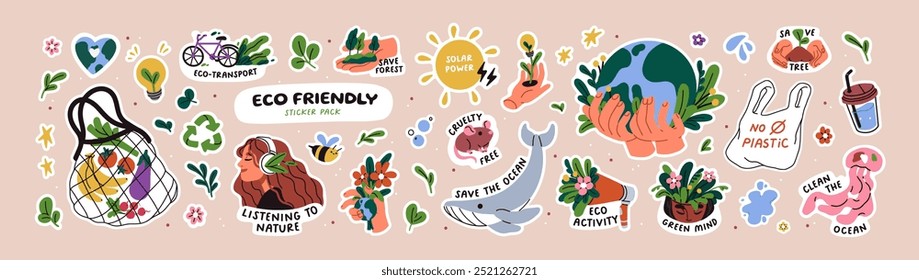 Pegatinas ecológicas para la protección de la naturaleza y el cuidado del medio ambiente. Guardar Insignias ecológicas con cero residuos, reciclaje y conceptos de tierra. Conjunto de Elementos de diseño verdes. Ilustraciones vectoriales planas aisladas