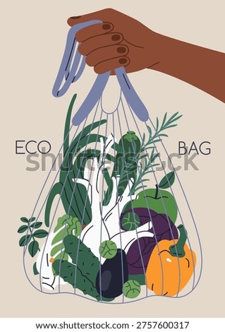 Eco-friendly string bag with healthy vegetables, natural food, poster design. Hand holding recyclable reusable shopping tote, sustainable zero-waste mesh net packaging. Flat vector illustration