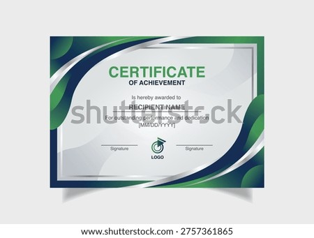 Eco-friendly style certificate of completion template with modern green fluid shapes.
