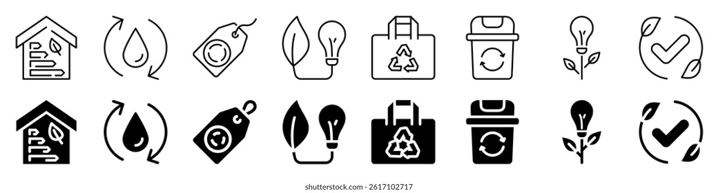 Eco-friendly and sustainability icon set. Linear and silhouette style.