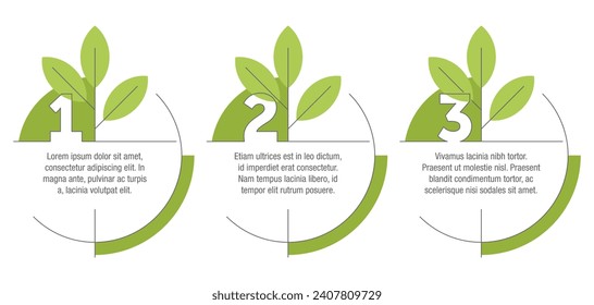 Umweltfreundliche nachhaltige Lifestyle-Ziele infographische Vorlage mit 3 Schritten. Circle-Formen, grüne Füllung und dünne Linie