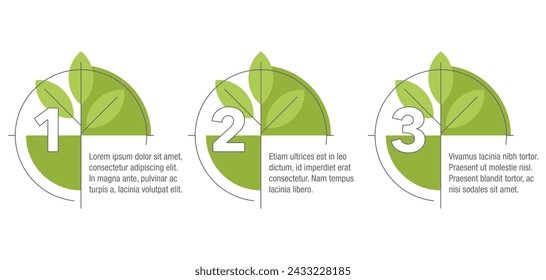 Eco-friendly and Sustainable lifestyle goals infographic template with 3 steps. Circle shapes, green fill and thin line