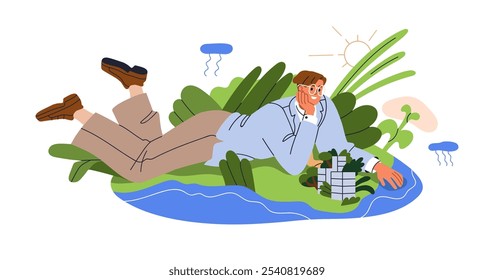 Estilo de vida sostenible respetuoso del medio ambiente en la ciudad verde. Entorno Urbana con plantas, agua. Concepto de Naturaleza y ecología. Protección del medio ambiente. Ilustración vectorial plana aislada sobre fondo blanco