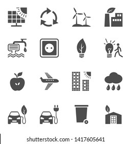 Eco-friendly technology, icons, monochrome, set, vector. Environmentally friendly production of electricity, fuel and food. Future technology. Icon set. Gray pictures on a white field. 