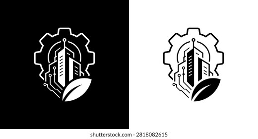 Eco-friendly technology logo combining smart buildings, digital circuitry, gear mechanics, and green leaf symbolism. Perfect for sustainable architecture, green technology, ESG initiatives, smart industry, environmental innovation, and clean technology branding.