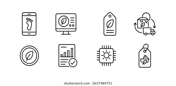 Eco-friendly technology outline icon set: sustainable devices, green solutions icons