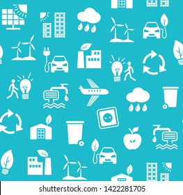Eco-friendly technology, seamless pattern, blue, monochrome, vector. Environmentally friendly production of electricity, fuel and food. Seamless, one-color background. Future technology. 