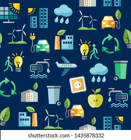 Eco-friendly technology, seamless pattern, blue, color, vector. Clean energy, fuel and food production. Future technology. Seamless blue background with colored icons. Vector flat pattern. 