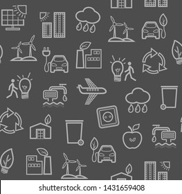 Eco-friendly technology, seamless pattern, dark gray, contour drawing, color, vector. Clean energy, fuel and food production. Seamless color background. Future technology. 