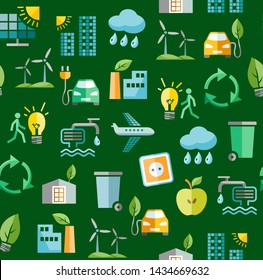 Eco-friendly technology, seamless pattern, green, color, vector.Clean energy, fuel and food production. Future technology. Seamless green background with colored icons. Vector flat pattern.  