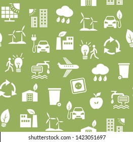 Eco-friendly technology, seamless pattern, monochrome, green, vector. Clean energy, fuel and food production. Seamless monochrome background. Future technology. White icons on the green field. Vector 