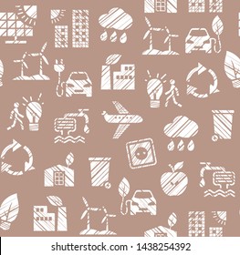 Eco-friendly technology, seamless pattern, pencil hatching, monochrome, brown, vector. Clean energy, fuel and food production. Future technology. Imitation of pencil hatching. 