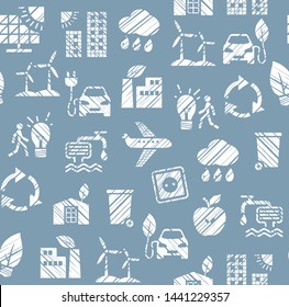 Eco-friendly technology, seamless pattern, pencil hatching, monochrome, blue, vector. Clean energy, fuel and food production. Future technology. Imitation of pencil hatching. Seamless blue background.