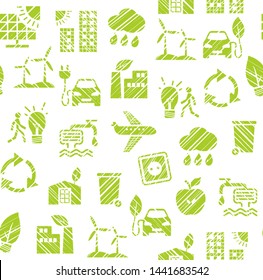 Eco-friendly technology, seamless pattern, pencil hatching, monochrome, white, green, vector. Clean energy, fuel and food production. Future technology. Imitation of pencil hatching. 