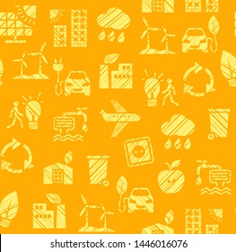 Eco-friendly technology, seamless pattern, pencil hatching, color, yellow, vector. Clean energy, fuel and food production. Future technology. Imitation of pencil hatching. Seamless yellow background. 