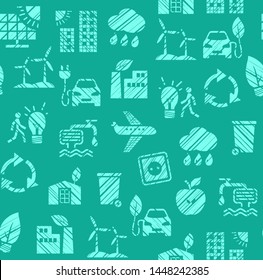 Eco-friendly technology, seamless pattern, pencil hatching, color, turquoise, vector. Clean energy, fuel and food production. Future technology. Imitation of pencil hatching. 
