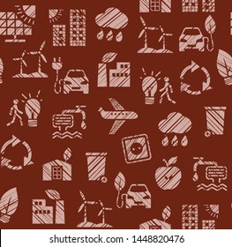 Eco-friendly technology, seamless pattern, pencil hatching, color, dark red, vector. Clean energy, fuel and food production. Future technology. Imitation of pencil hatching.  