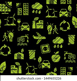 Eco-friendly technology, seamless pattern, pencil hatching, gray, green, color, vector. Clean energy, fuel and food production. Future technology. Imitation of pencil hatching.  
