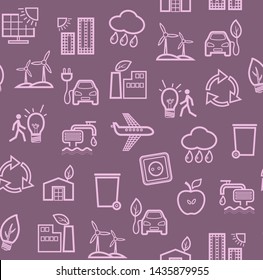 Eco-friendly technology, seamless pattern, purple, contour drawing, color, vector. Clean energy, fuel and food production. Seamless color background. Future technology. Line icons on the purple field.