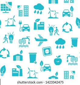 Eco-friendly technology, seamless pattern, white, blue, flat, vector. Clean energy, fuel and food production. Seamless monochrome background. Future technology.  
