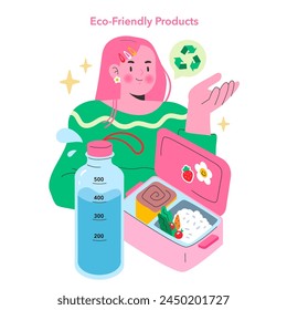 Eco-Friendly Teen Products theme. A conscious teen selects sustainable goods, symbolizing a commitment to environmental care. Recycling, green living, and responsible consumption. Vector illustration.