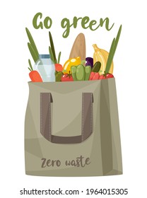 Bolsa textil ecológica para uso reutilizable. Una bolsa con comestibles, verduras y carne. El concepto de basura cero sin plástico. Ilustración vectorial sobre fondo blanco.