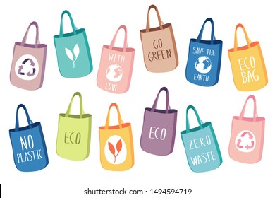 Eco-friendly textile and paper reusable bags isolated on white background. Fabric string bags instead of plastic. Use biodegradable recycling items - save the Planet. Vector Illustration. 