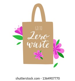 Eco-friendly textile or paper shopping bag. Vector hand drawn conceptual illustration.  Zero Waste and eco green lifestyle.  Less plastic bags concept
