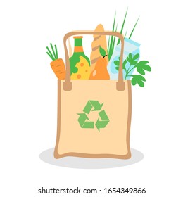 Eco-friendly textile reusable shopping bag with vegetables and other products with the Zero Waste sign. Bag with groceries. Caring for the environment. Food concept.
Vector illustration.