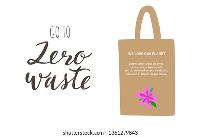 Eco-friendly textile shopping bag. Vector hand drawn conceptual illustration.  Zero Waste and eco green lifestyle. 