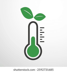 An eco-friendly thermometer concept icon featuring green leaves, symbolizing sustainability, climate awareness and environmental protection. Clean, modern design.