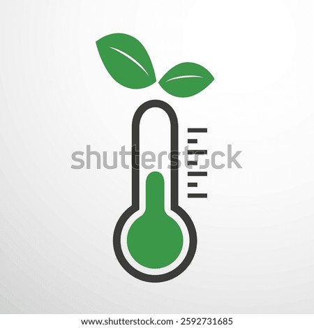 An eco-friendly thermometer concept icon featuring green leaves, symbolizing sustainability, climate awareness and environmental protection. Clean, modern design.