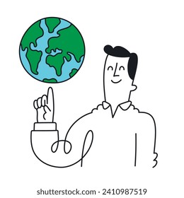 Eco-Friendly Thinker: A Man Contemplating the Earth - Doodle Style with an Editable Stroke.