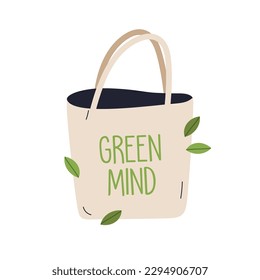 Eco-friendly tote bag, fabric shopper. Reusable canvas totebag with handles from natural textile. Green mind, life and shopping concept. Flat vector illustration isolated on white background