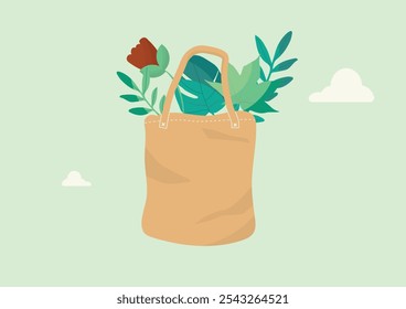 Eco-Friendly Tote Bag with Greenery Inside. Green Shopping. Organic Shopping. Eco-Friendly Shopping Bags. Reusable Essentials. Vector illustration