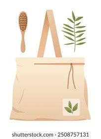 Umweltfreundliche Tragetasche mit Holzbürste und grünem Blatt Minimalistisches Design zur Förderung eines nachhaltigen Lebensstils Beige Tasche mit Pflanzendarstellung auf Tasche