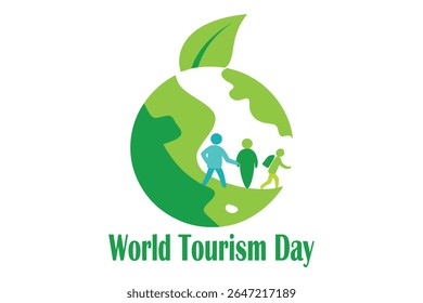 Umweltfreundlicher Tourismusvektor mit der Erde in Form eines grünen Blattes, Wanderer, solarbetriebene Resorts und Tiere. Organische Texturen und erdige Töne auf Weiß. Ideal für Nachhaltigkeitsthemen und Natur.