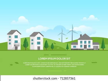 Ecofriendly town with windmills - modern vector illustration with place for text. Landscape in green and blue colors with trees, small cute low storey suburban houses, blue sky with clouds, park