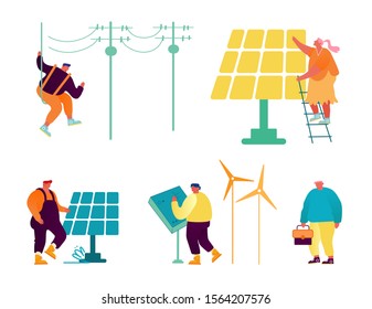 Eco-friendly and Traditional Technologies Set Isolated on White Background. People Using Equipment for Energy Producing, Solar Panels, Windmills and Electric Poles Cartoon Flat Vector Illustration