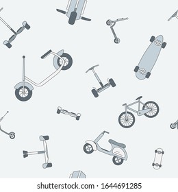 Fondo de transporte ecológico - Color vectorial, patrón transparente de ciclomotor, monóreel, vaquero, bicicleta y patineta para el diseño gráfico