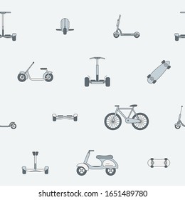 Eco-friendly transport background - Vector color seamless pattern of scooter, monowheel, hoverboard, bicycle and skateboard for graphic design