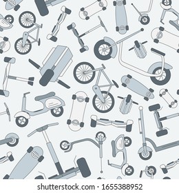 Fondo de transporte ecológico - Color vectorial, patrón transparente de ciclomotor, monóreel, vaquero, bicicleta y patineta para el diseño gráfico